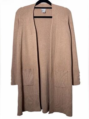 Chicos Open Front Long Ribbed Cardigan In Tan Size 0 Small